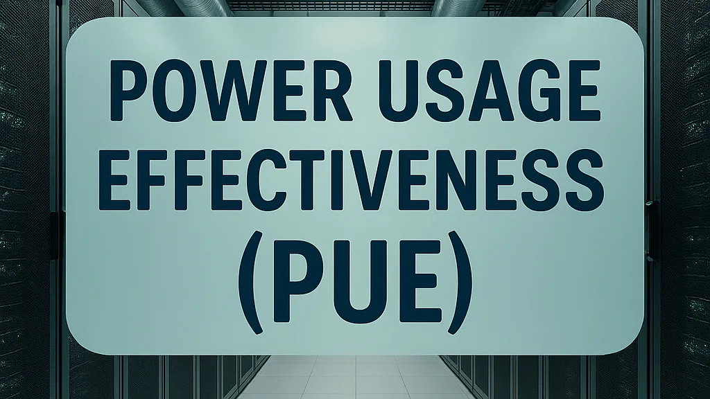 PUE efficiency spectrum from 1.0 (ideal) to 2.0 and above (inefficient)